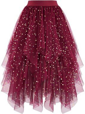 Women's Red Sequin Low Layered Asymmetrical Puffy Fairy Midi Length Tulle Skirt